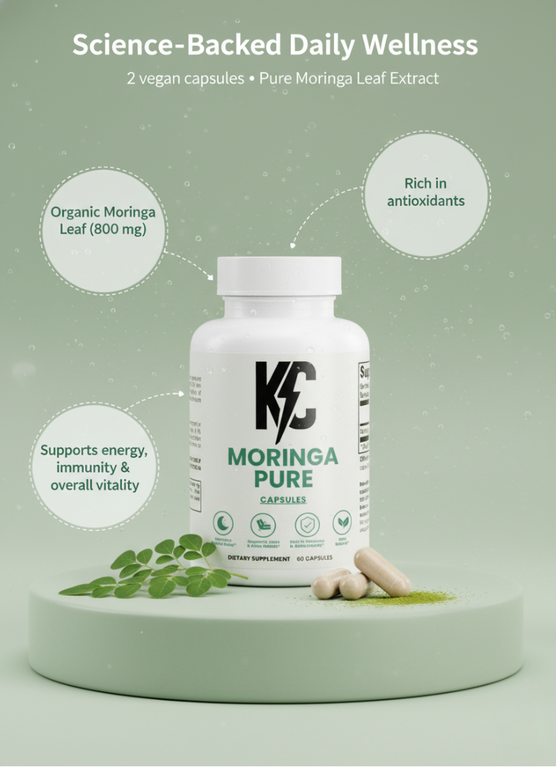 Moringa Pure supplement bottle with labeled callouts showing organic moringa leaf, antioxidants, and support for energy, immunity, and vitality.