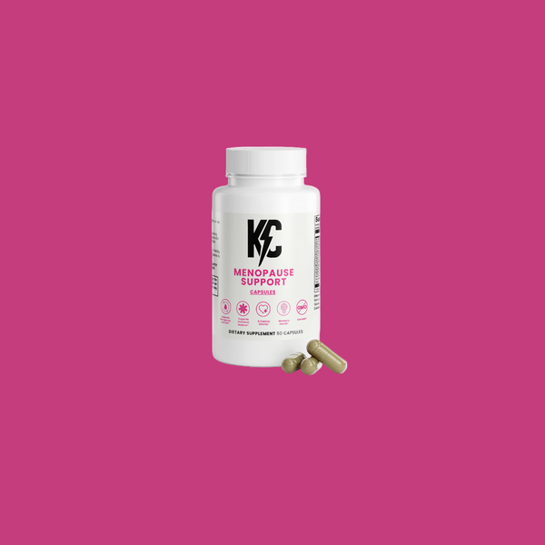 KC Menopause Support supplement bottle with capsules — natural relief for hot flashes, night sweats, mood swings, and sleep support.
