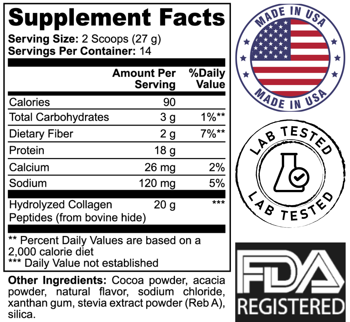 Collagen supplement facts panel showing 20 g hydrolyzed bovine collagen per serving, with 'Made in USA,' 'Lab Tested,' and 'FDA Registered' badges on the right.