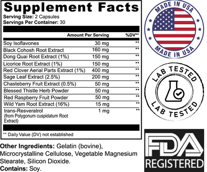 Menopause Support supplement facts panel showing herbal extracts like black cohosh, dong quai, red clover, and sage. Includes 'Made in USA,' 'Lab Tested,' and 'FDA Registered' badges.
