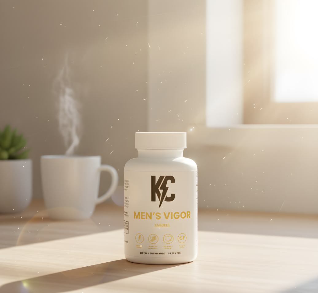 KC Men’s Vigor bottle on a sunlit kitchen counter with steaming mug—men’s health supplement for stamina, libido & healthy blood flow.