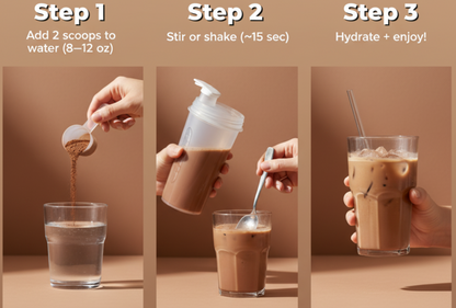 Three-step collage: add 2 scoops to water, stir or shake ~15 sec, then enjoy iced chocolate drink.