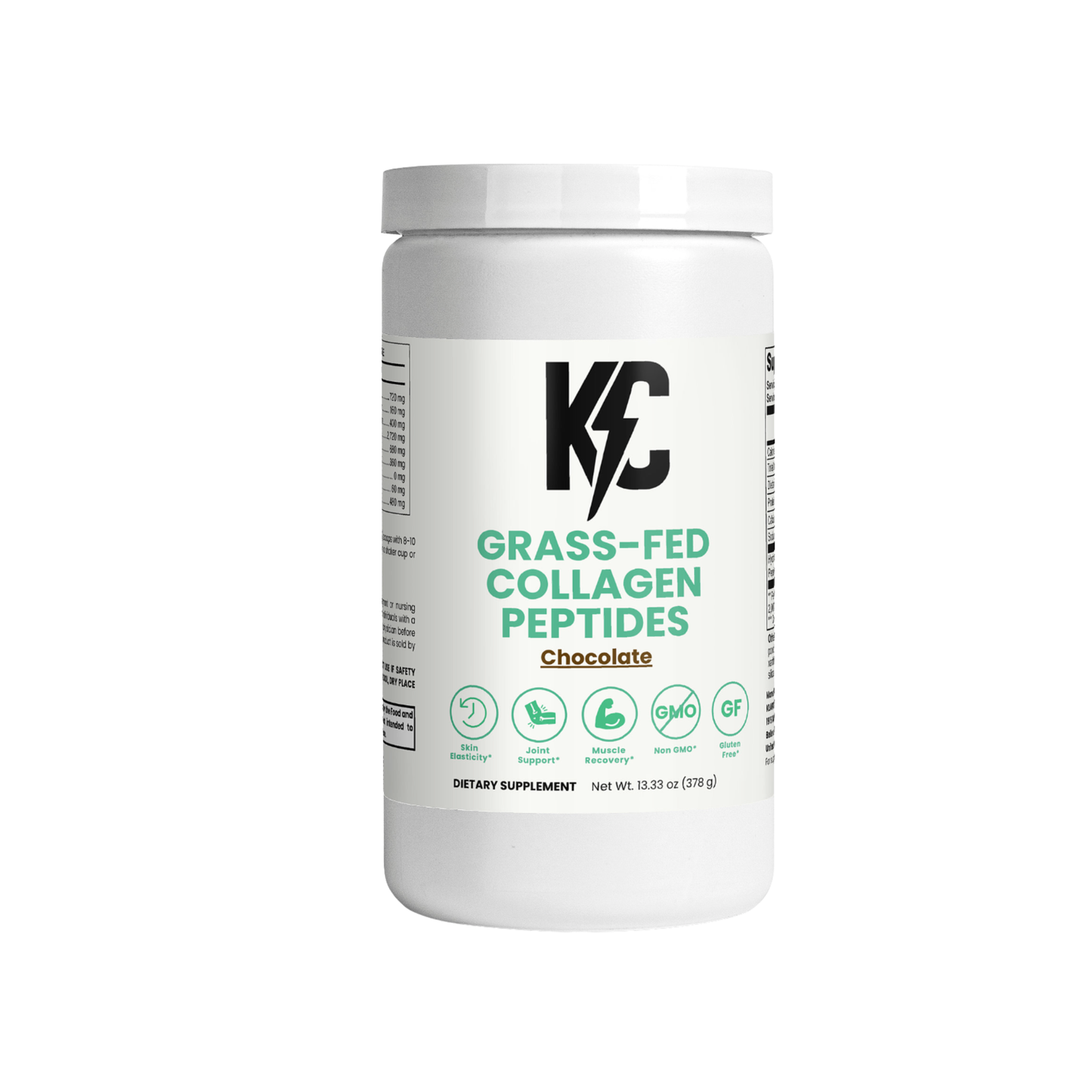 KC Grass-Fed Collagen Peptides – Chocolate flavor, 13.33 oz (378 g) supplement jar on white background, front label.