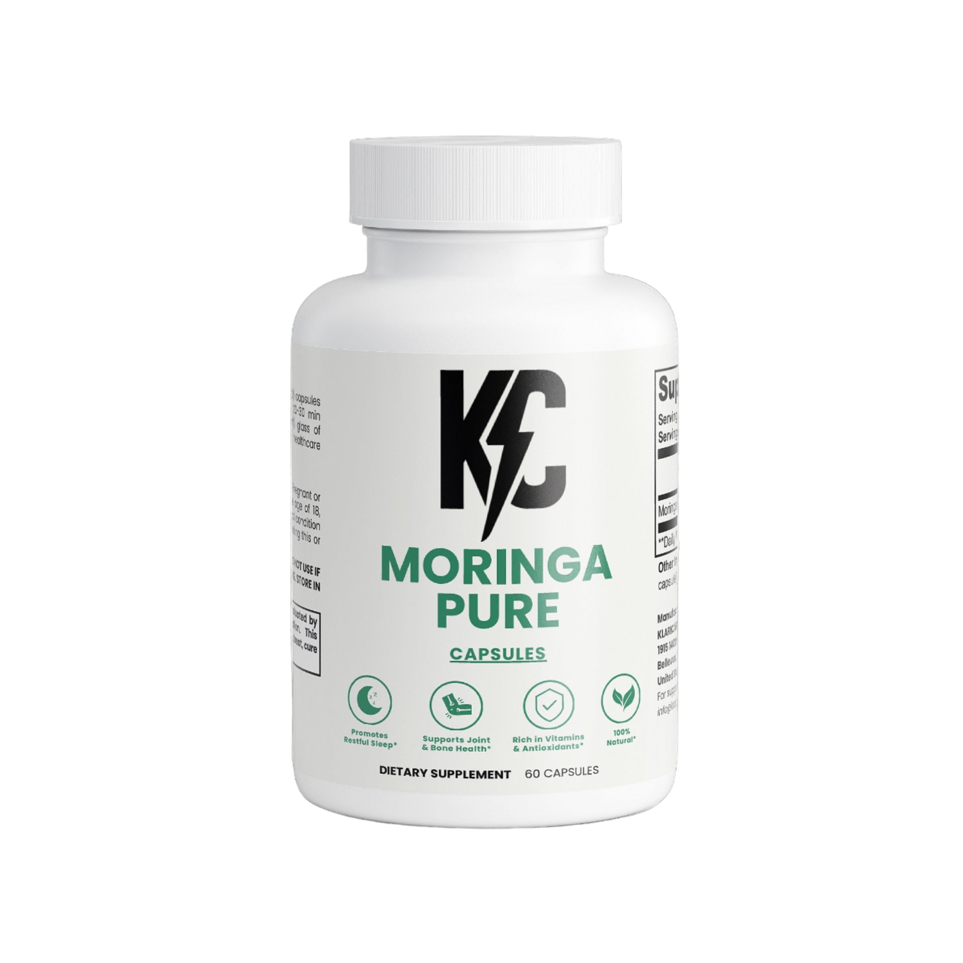 KC Moringa Pure supplement bottle – 60 vegan capsules for daily energy, antioxidant support, and overall wellness.