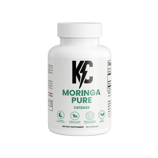 KC Moringa Pure supplement bottle – 60 vegan capsules for daily energy, antioxidant support, and overall wellness.