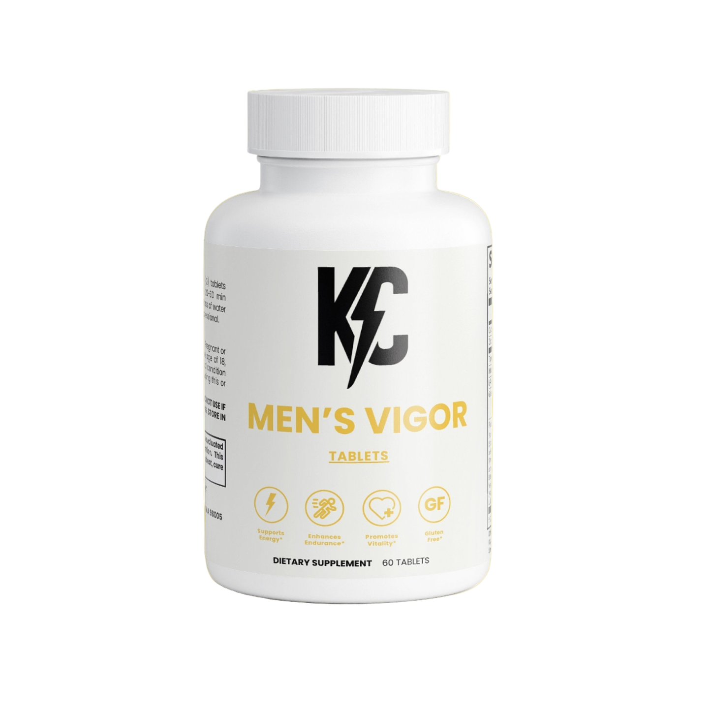 KC Men’s Vigor tablets on yellow background — men’s health dietary supplement for stamina, libido & healthy blood flow.