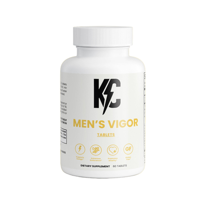 KC Men’s Vigor tablets on yellow background — men’s health dietary supplement for stamina, libido & healthy blood flow.