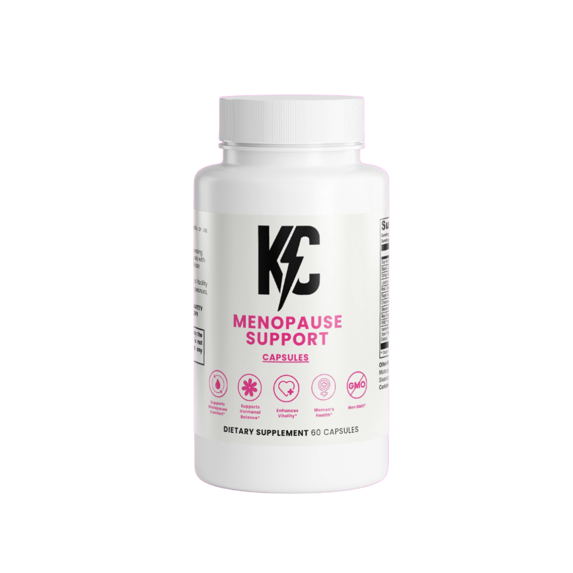 KC Menopause Support capsules — white 60-count bottle with pink label, women’s hormone balance and vitality dietary supplement, isolated on white background.