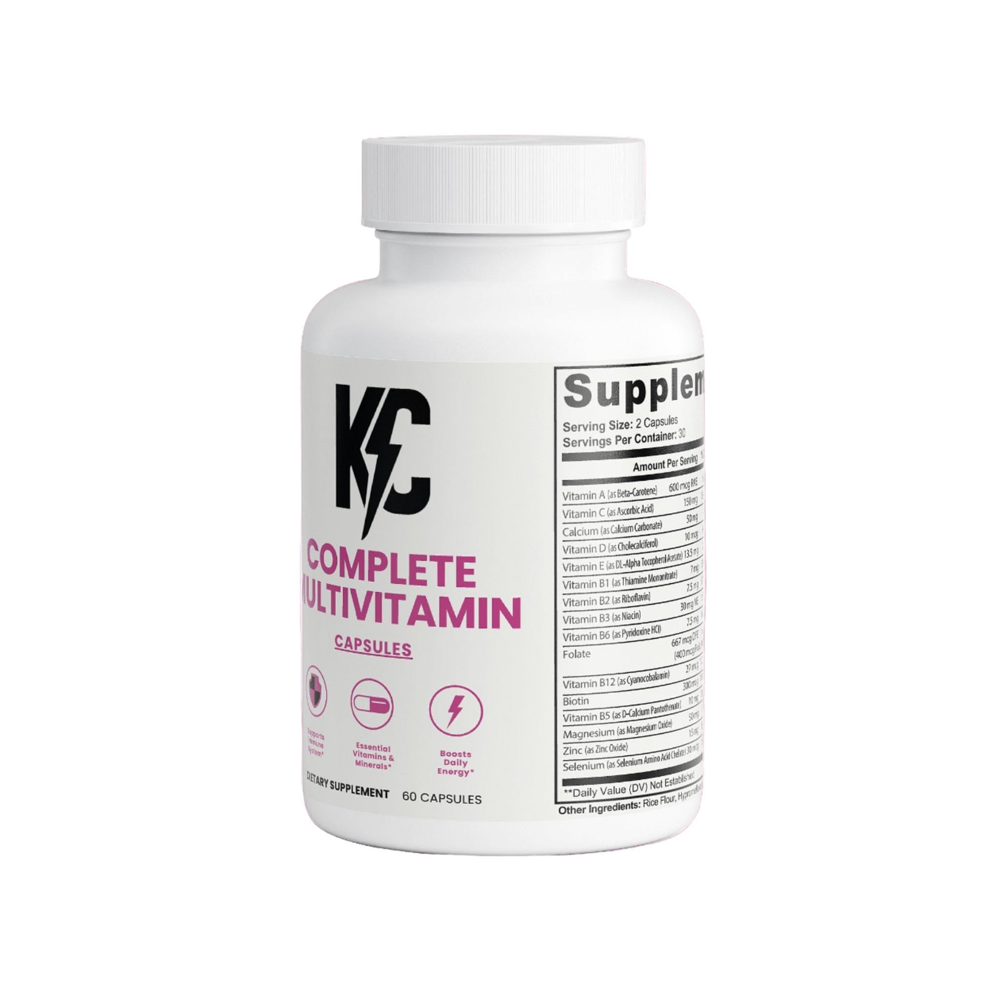KC Complete Multivitamin bottle front view with label highlighting essential vitamins and minerals.