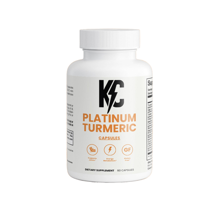 KC Platinum Turmeric Capsules bottle on white background, 60 capsules.