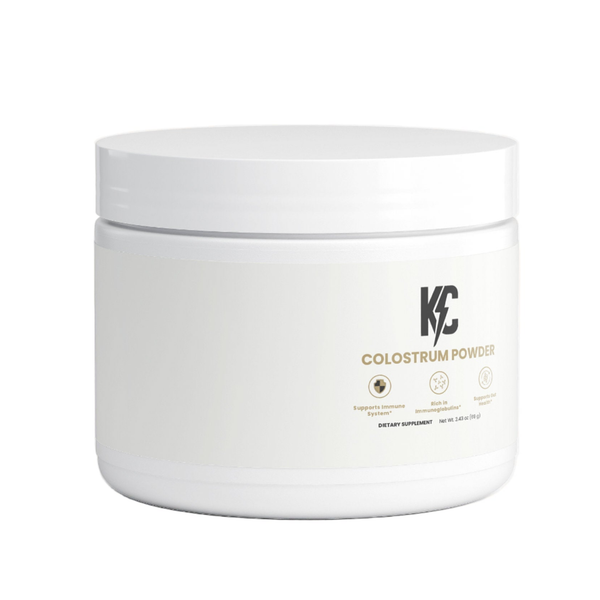 KC Colostrum Powder supplement jar – immune and gut health support.