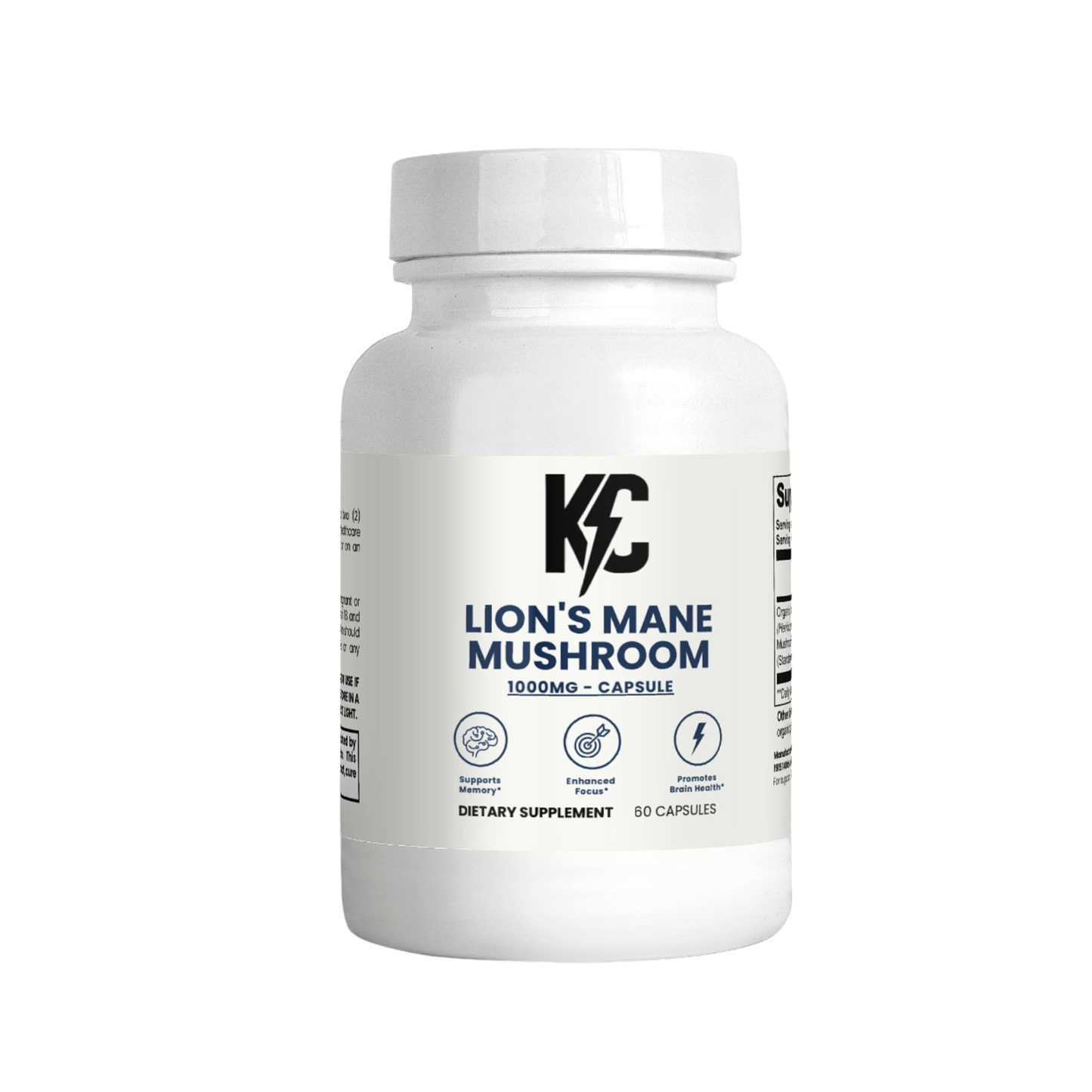 KC Lion’s Mane Mushroom 1000 mg capsules bottle on white—nootropic for focus & memory.