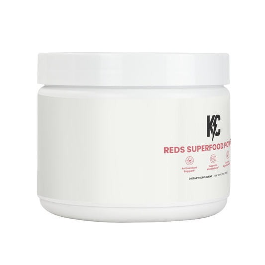 KC Reds Superfood Powder tub on white background — antioxidant reds blend for daily gut balance and clean energy.