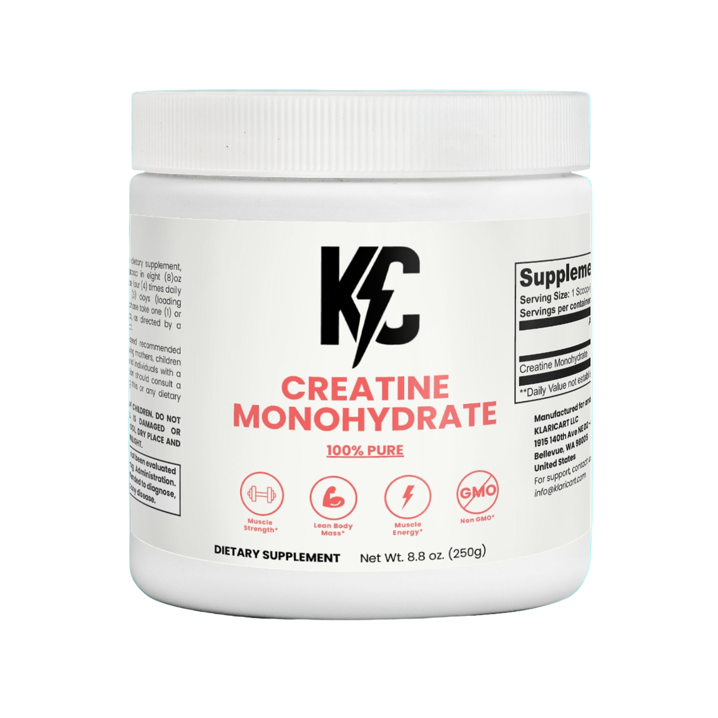 KC Creatine Monohydrate powder — front jar on white background.