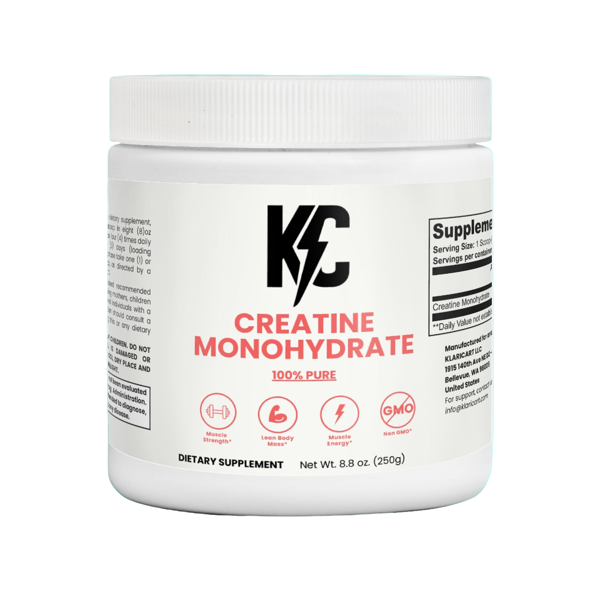 KC Creatine Monohydrate powder — front jar on white background.