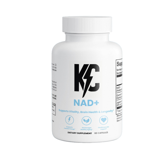 KC NAD+ supplement bottle on a white background.