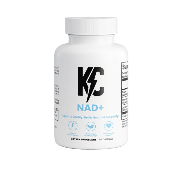KC NAD+ supplement bottle on a white background.