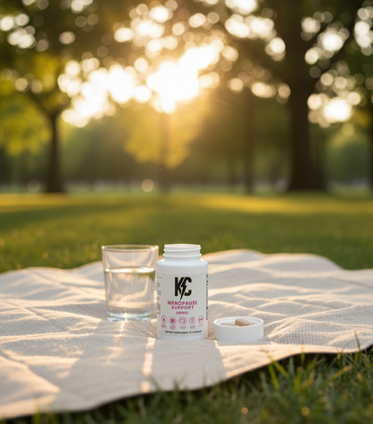 Menopause Support bottle with water glass on a picnic blanket at sunset, outdoor wellness scene on grass.