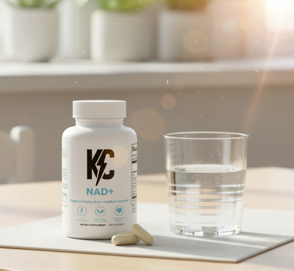 KC NAD+ supplement bottle with capsules and a glass of water on a table in soft natural sunlight.