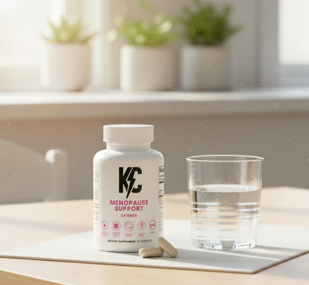 KC Menopause Support supplement bottle with capsules and water glass — natural menopause relief for hot flashes, night sweats, mood swings, and hormonal balance.