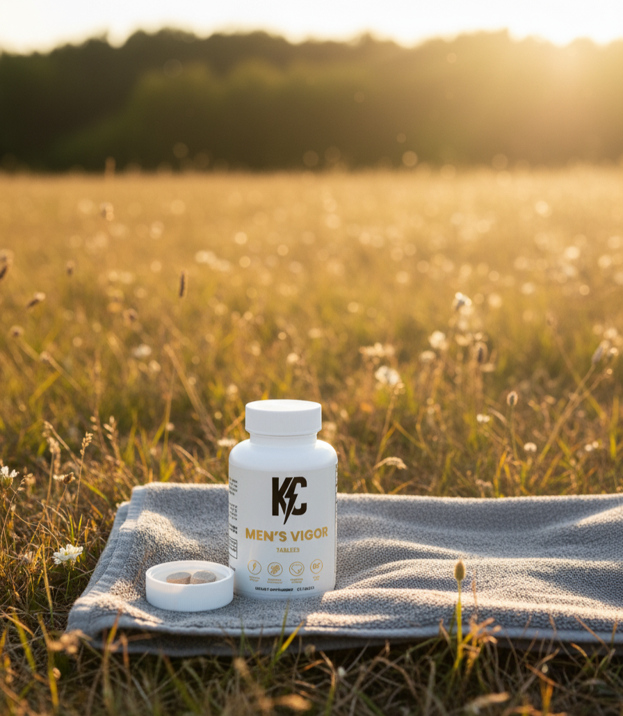 Men’s Vigor bottle on a towel at sunrise with water glass—active lifestyle scene.