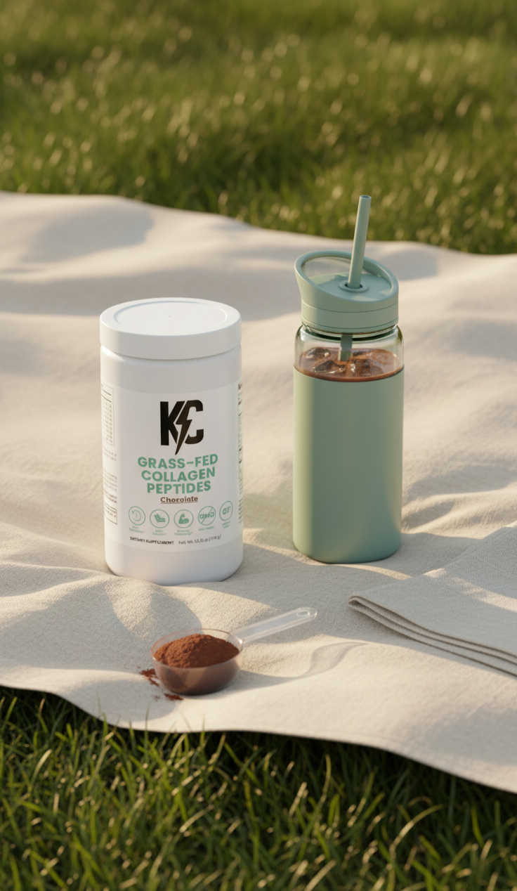 Collagen powder tub with unbranded shaker and scoop on picnic blanket over grass in warm sunlight.