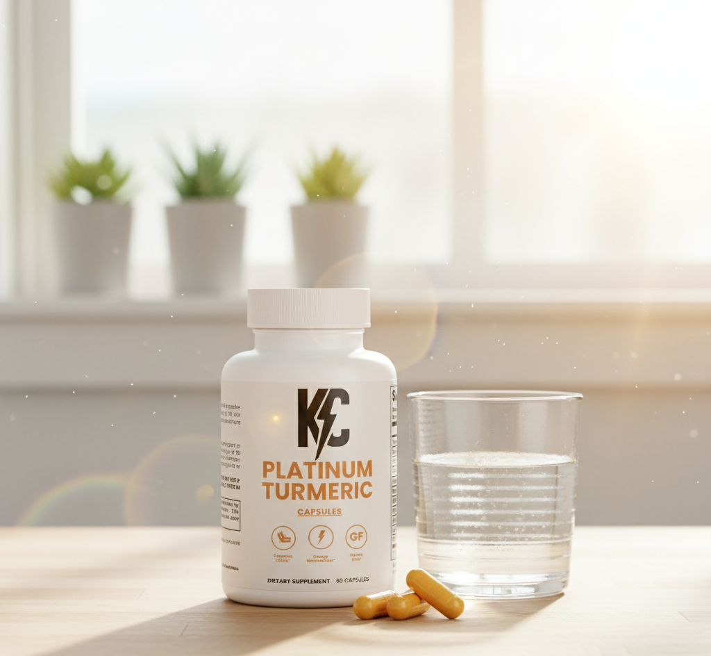 ChatGPT:

KC Platinum Turmeric bottle beside a glass of water and three orange capsules on a sun-lit counter—clean lifestyle product shot for joint, mobility & inflammation support.