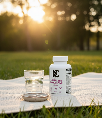 Complete Multivitamin bottle on a picnic blanket with a glass of water at golden hour on green grass.