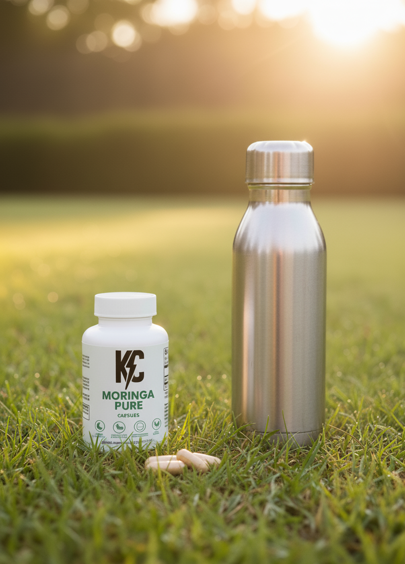 Moringa Pure supplement bottle and stainless steel water bottle placed on grass at sunrise with capsules in front, symbolizing natural energy and outdoor wellness.
