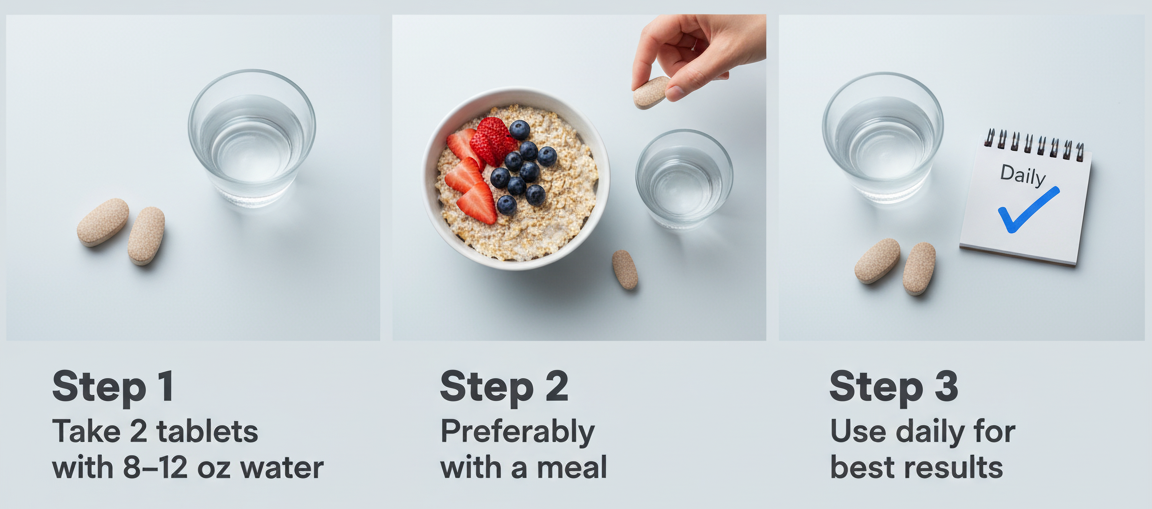 Men’s Vigor 3-step guide: Step 1 take 2 tablets with 8–12 oz water; Step 2 preferably with a meal; Step 3 use daily for best results.