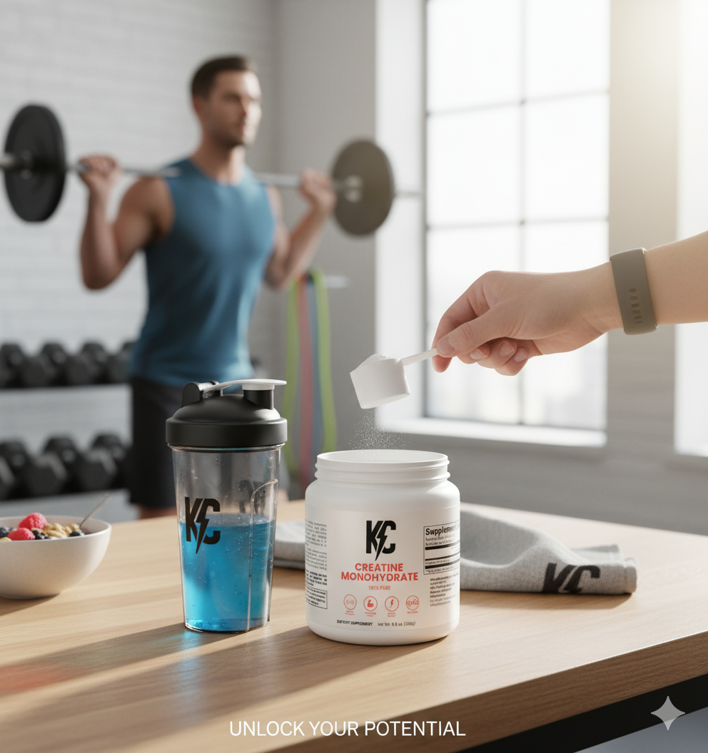 Hand scooping creatine monohydrate powder into a shaker, with a man lifting weights in the background.