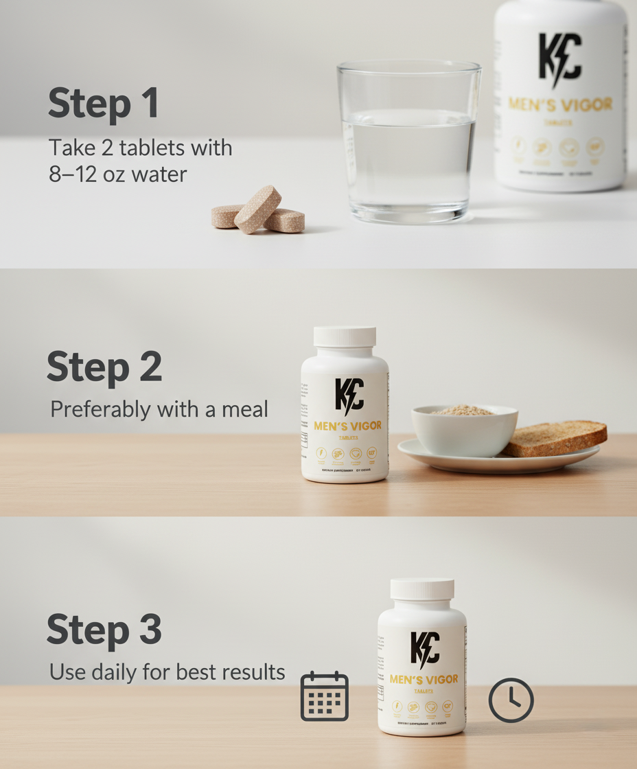 How to use Men’s Vigor—take 2 tablets with 8–12 oz water, preferably with a meal, use daily.