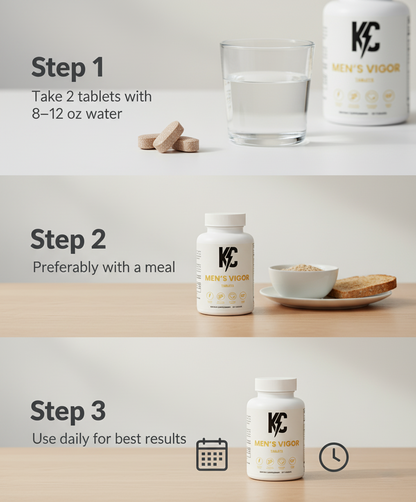 How to use Men’s Vigor—take 2 tablets with 8–12 oz water, preferably with a meal, use daily.