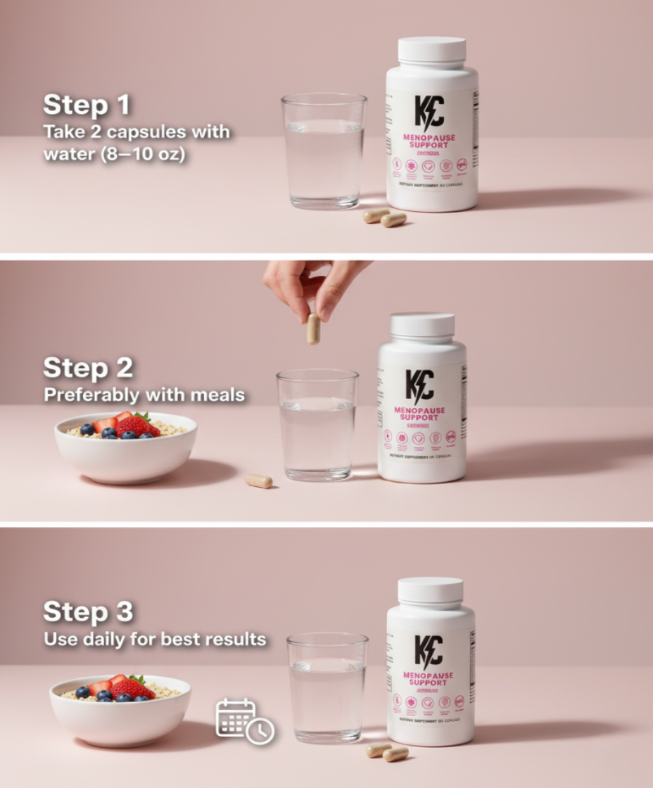How to use Menopause Support: Step 1 take 2 capsules with 8–10 oz water, Step 2 preferably with meals, Step 3 use daily.
