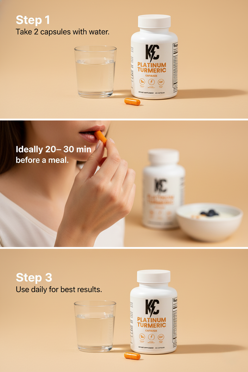 Platinum Turmeric — how to use: take 2 capsules with water, 20–30 min before a meal, use daily.