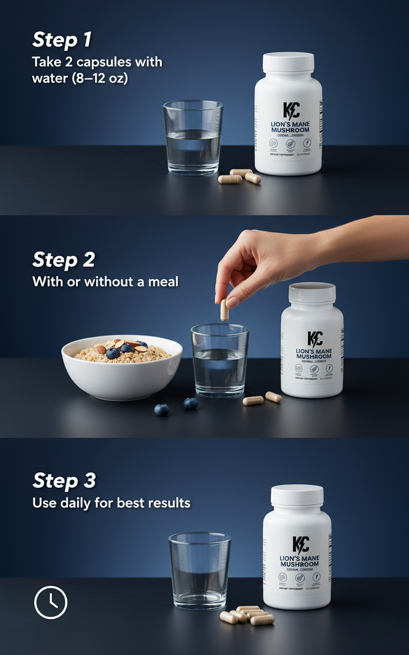 How to use Lion’s Mane Mushroom capsules: take 2 with water, with or without meals, daily.