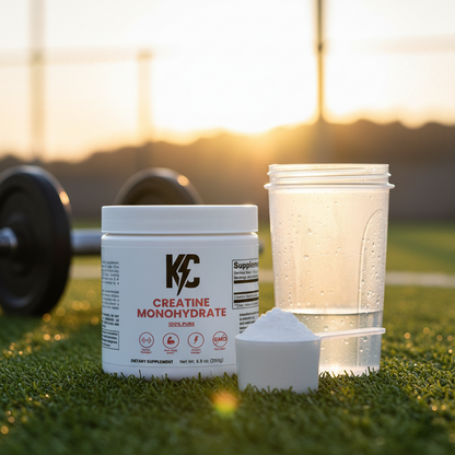 Creatine tub with shaker at outdoor gym during sunrise.
