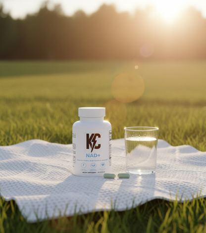KC NAD+ bottle placed on a picnic blanket in a sunny outdoor setting with soft natural light.
