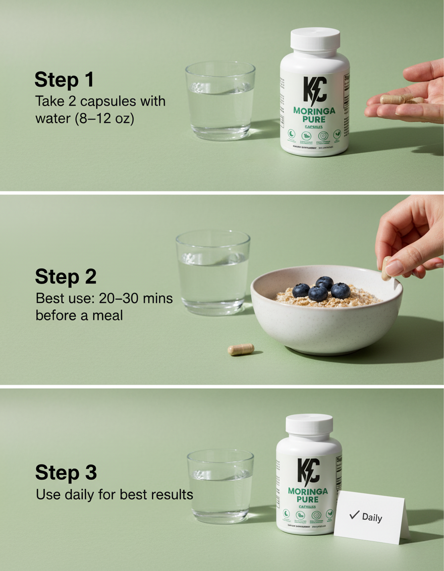 How to Use – Moringa Pure: 3-step vertical guide showing 2 capsules with water, take with or without a meal, and daily use reminder.