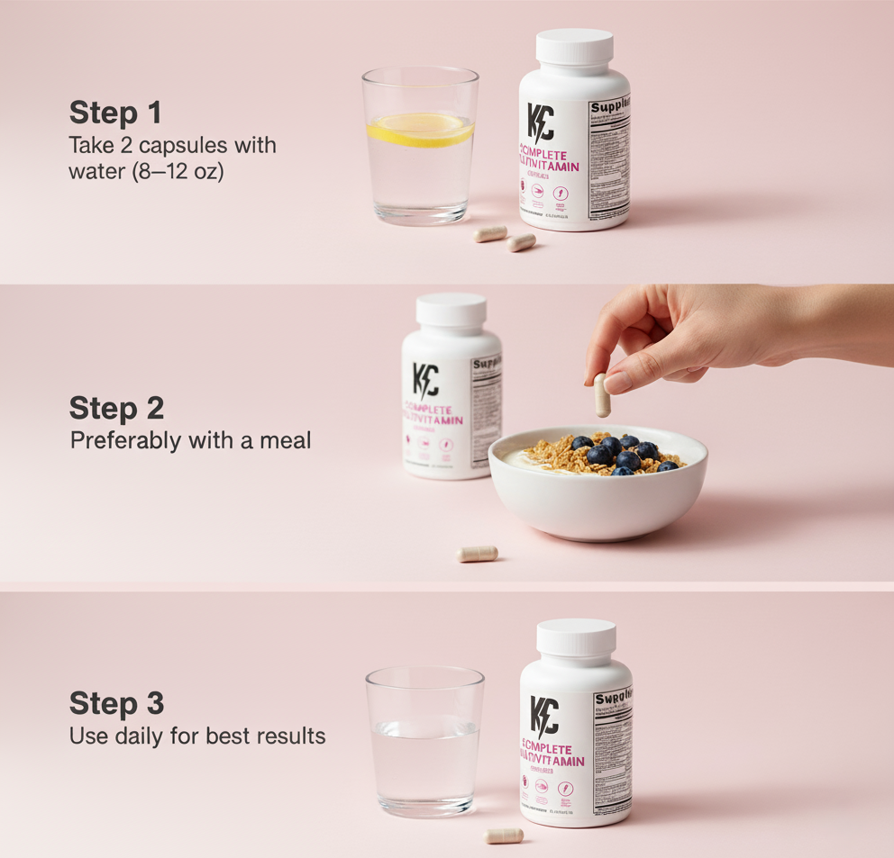 How to use Complete Multivitamin—Step 1: take 2 capsules with water; Step 2: preferably with a meal; Step 3: use daily.