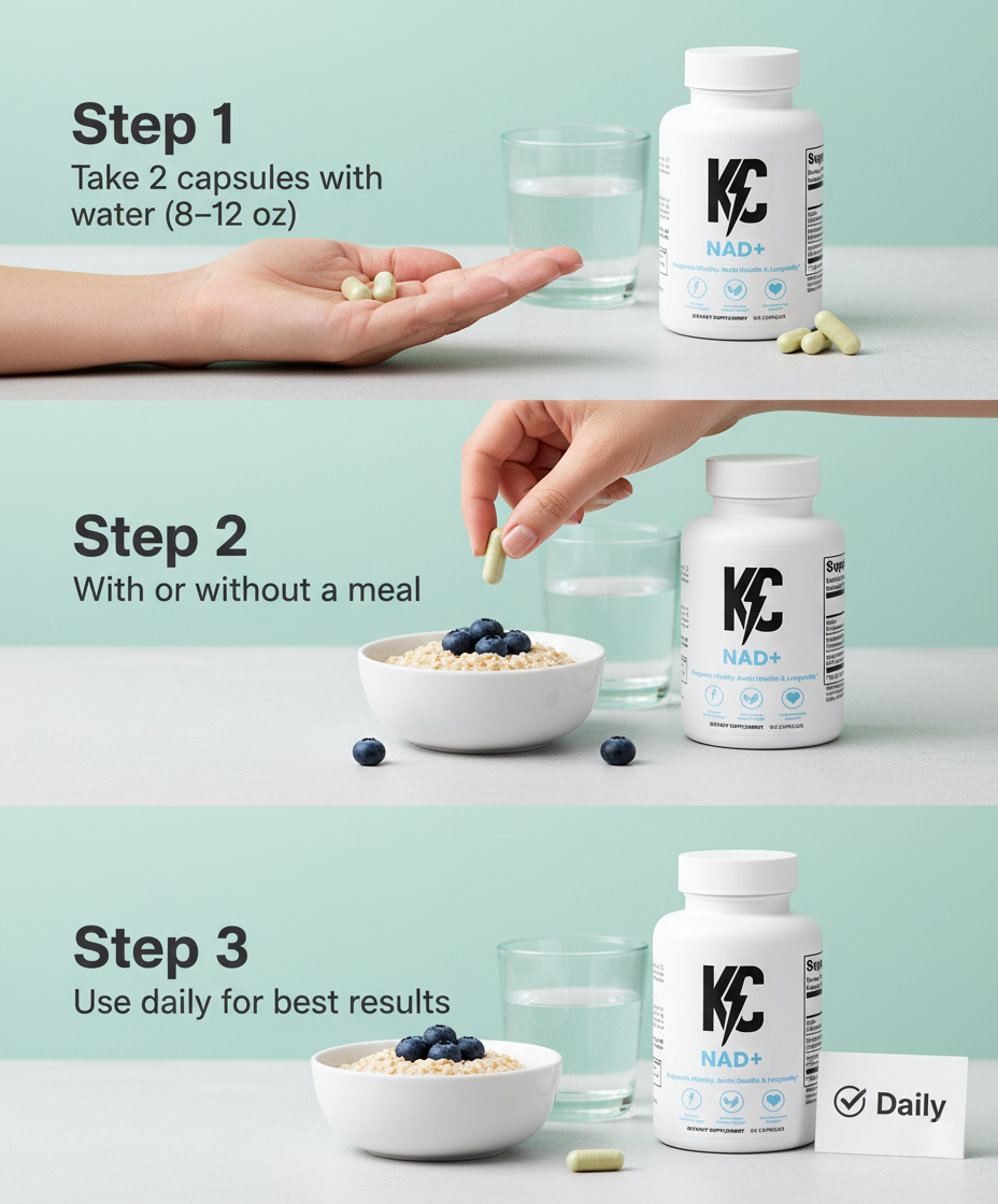 Three-step instruction graphic showing how to take KC NAD+ capsules with water and daily use.