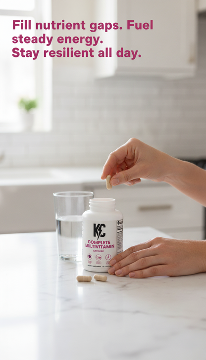 KC Complete Multivitamin — hand holding a capsule above the bottle and a glass of water on a kitchen counter; daily multivitamin for nutrient gaps, steady energy, resilience.