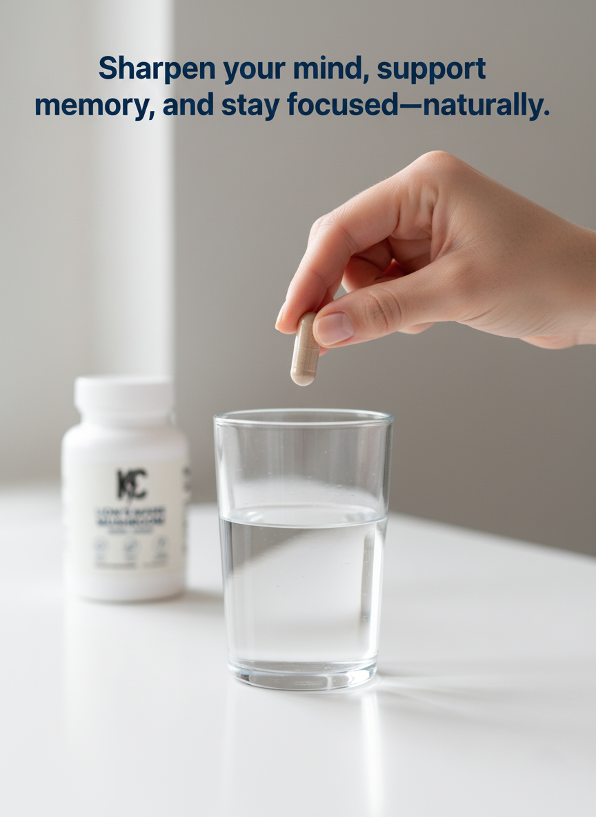 Hand holding a Lion’s Mane mushroom capsule above a glass of water with a KC Lion’s Mane supplement bottle in the background, promoting natural memory, focus, and cognitive support.