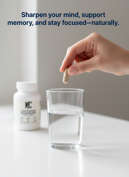 Hand holding a Lion’s Mane mushroom capsule above a glass of water with a KC Lion’s Mane supplement bottle in the background, promoting natural memory, focus, and cognitive support.