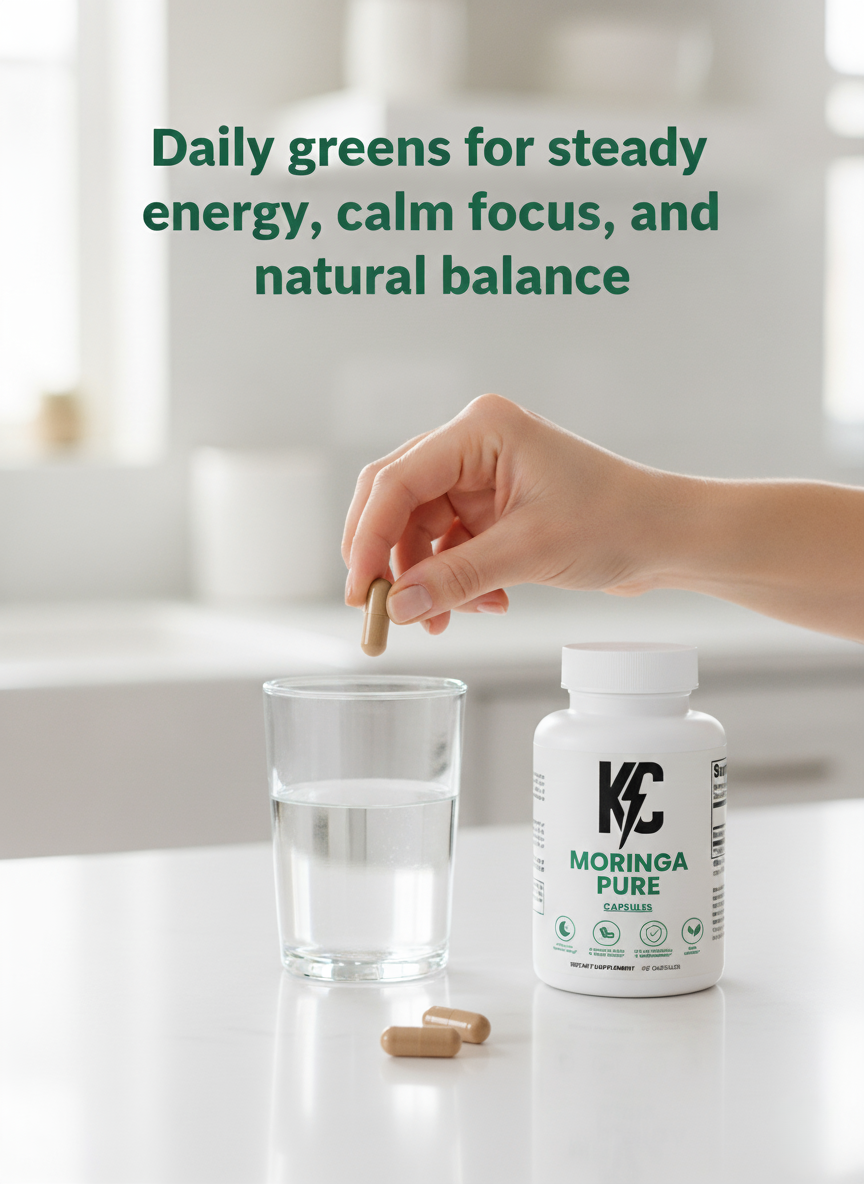 Hand holding a Moringa Pure capsule above a glass of water next to a supplement bottle, with the text “Daily greens for steady energy, calm focus, and natural balance.”