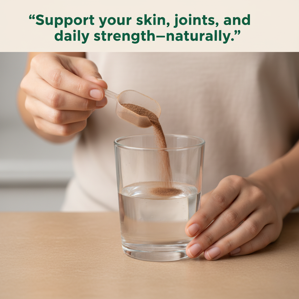 Hand pouring cocoa-brown collagen powder into a glass of water with the quote “Support your skin, joints, and daily strength—naturally” above, clean neutral background and minimal wellness aesthetic.