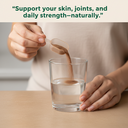 Hand pouring cocoa-brown collagen powder into a glass of water with the quote “Support your skin, joints, and daily strength—naturally” above, clean neutral background and minimal wellness aesthetic.