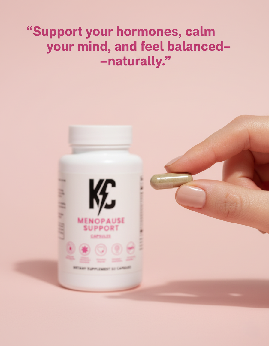 Hand holding a single capsule with a KC Menopause Support bottle on a blush-pink background and the quote “Support your hormones, calm your mind, and feel balanced—naturally.”