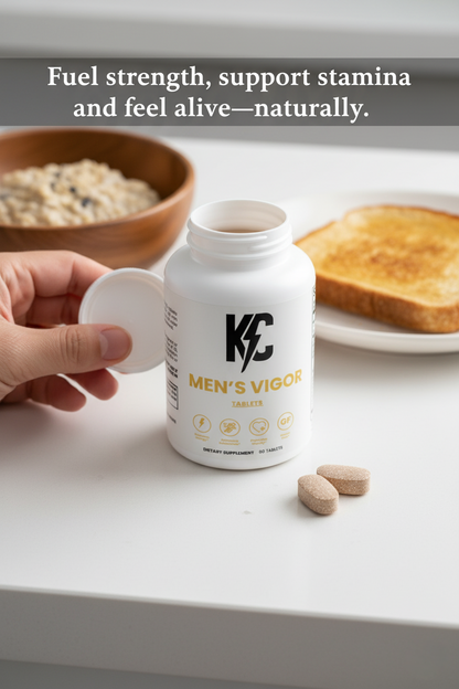 Hand opening a KC Men’s Vigor supplement bottle on a breakfast table with capsules beside it, bowl of oatmeal and toast in the background, and the text “Fuel strength, support stamina and feel alive—naturally.”