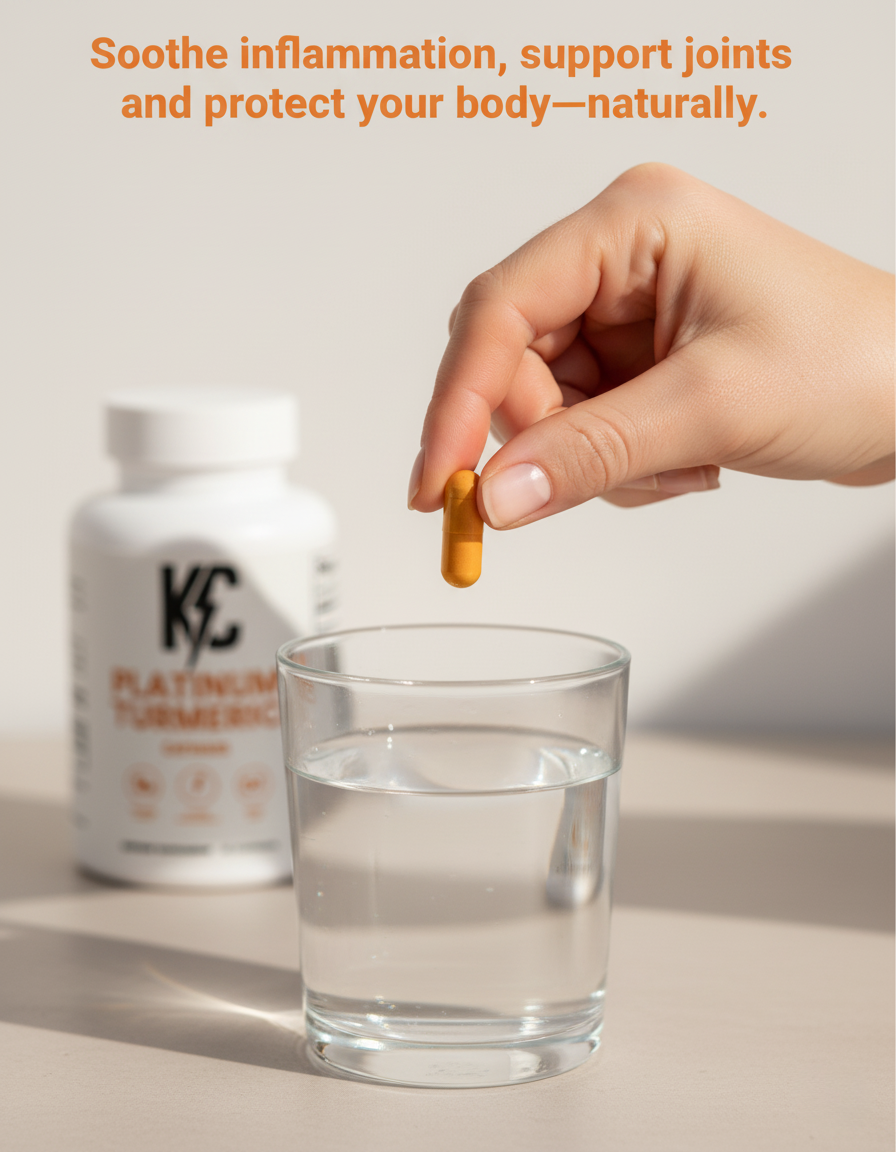 Hand holding an orange turmeric capsule above a clear glass of water, with a Platinum Turmeric supplement bottle slightly blurred in the background and the text “Soothe inflammation, support joints and protect your body—naturally.” displayed above.
